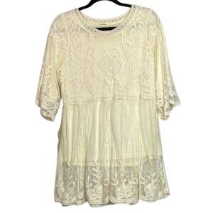 Floral Embroidered Sheer Boho Tunic Top Cream Lace AndTheWhy Size L
